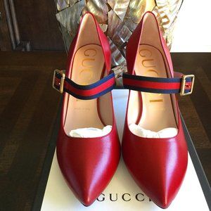 New Gucci Malaga Kid/NS Gross Grain Hibiscus Red Size 39 Mid Heel Leather Pump